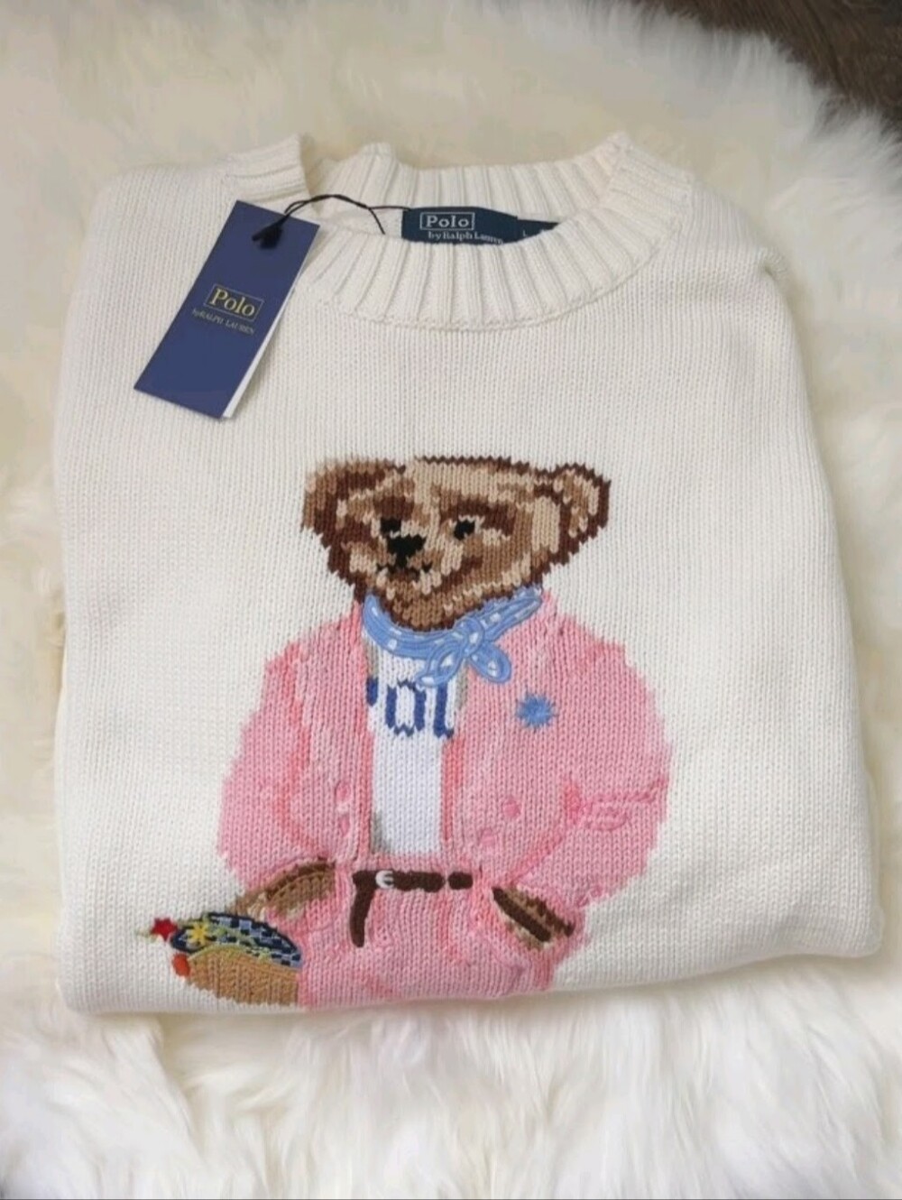 NWT Polo Ralph Lauren Picnic Polo Bear Sweater, Cream, Womens - Picture 4 of 8